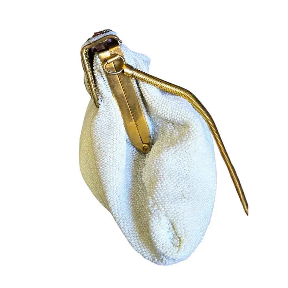 Vintage Rare Handmade E. Grillot Floral Beaded White Ivory Gold Clutch